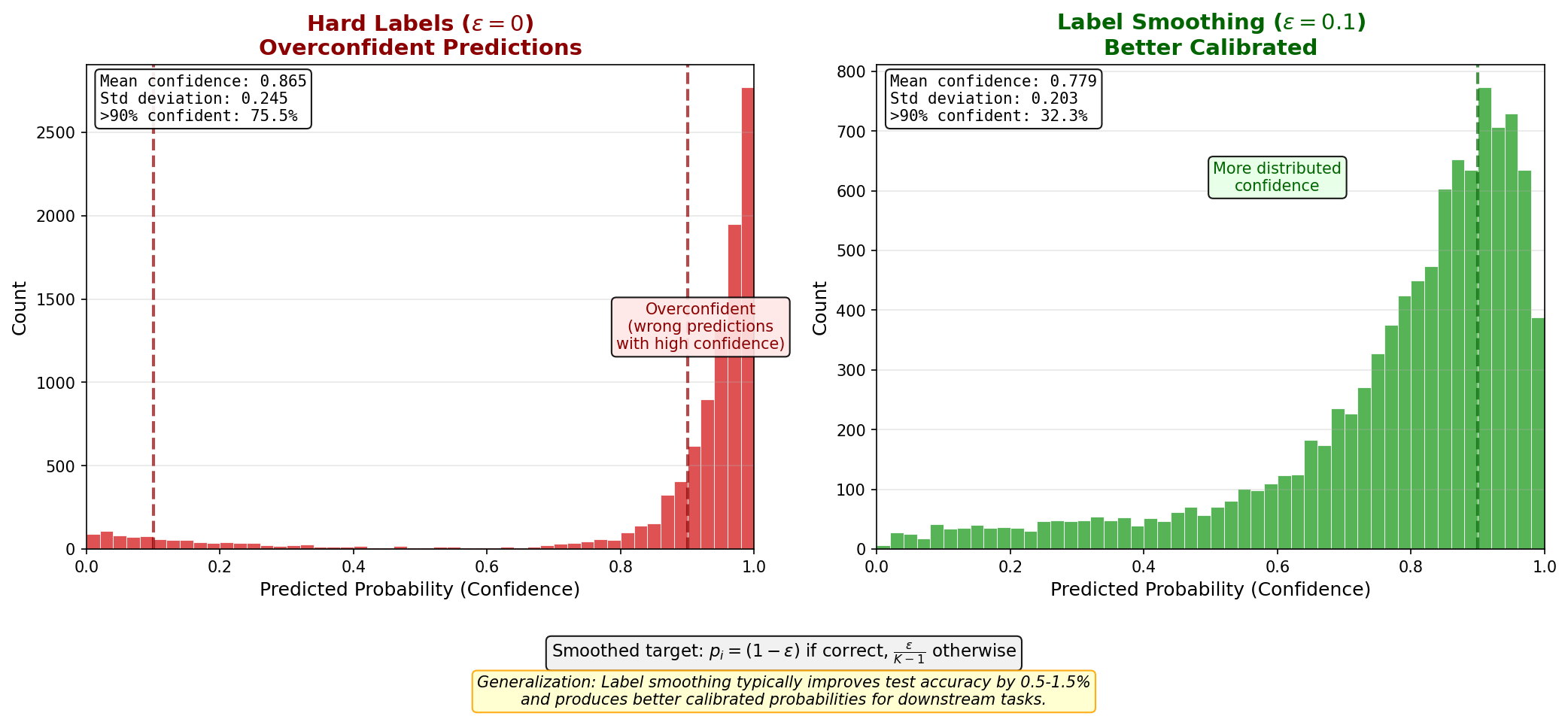 Label Smoothing Effect - Confidence distributions comparing hard targets vs smoothed targets