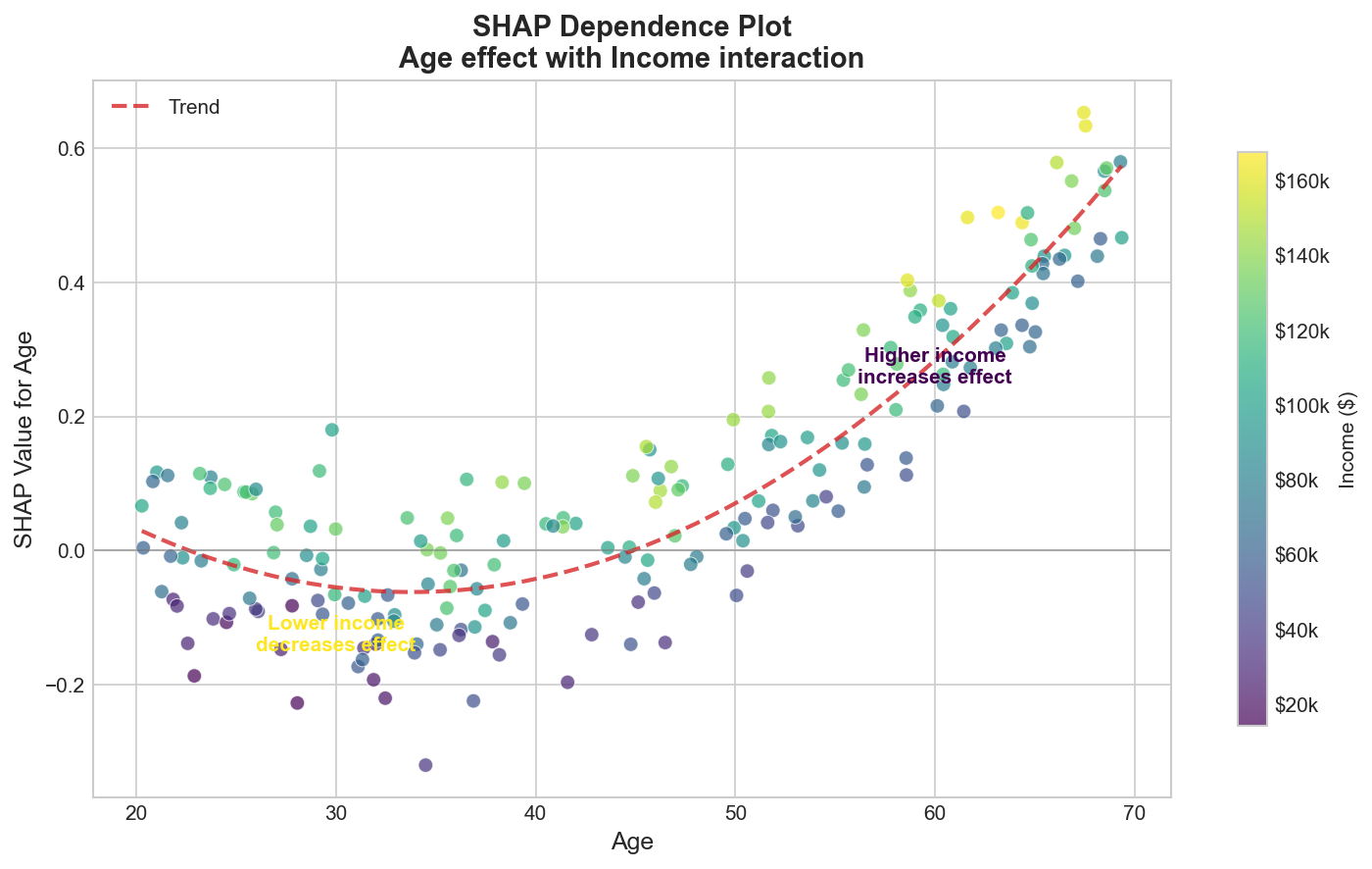 SHAP Dependence Plot showing Age effect with Income interaction